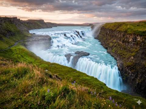 Долина гейзеров Строккюр (Strokkur), Водопад Гюдльфосс (Gullfoss), Скрытый голубой водопад Бруарфосс (Brúarfoss), Вечерний Рейкьявик (Reykjavík)