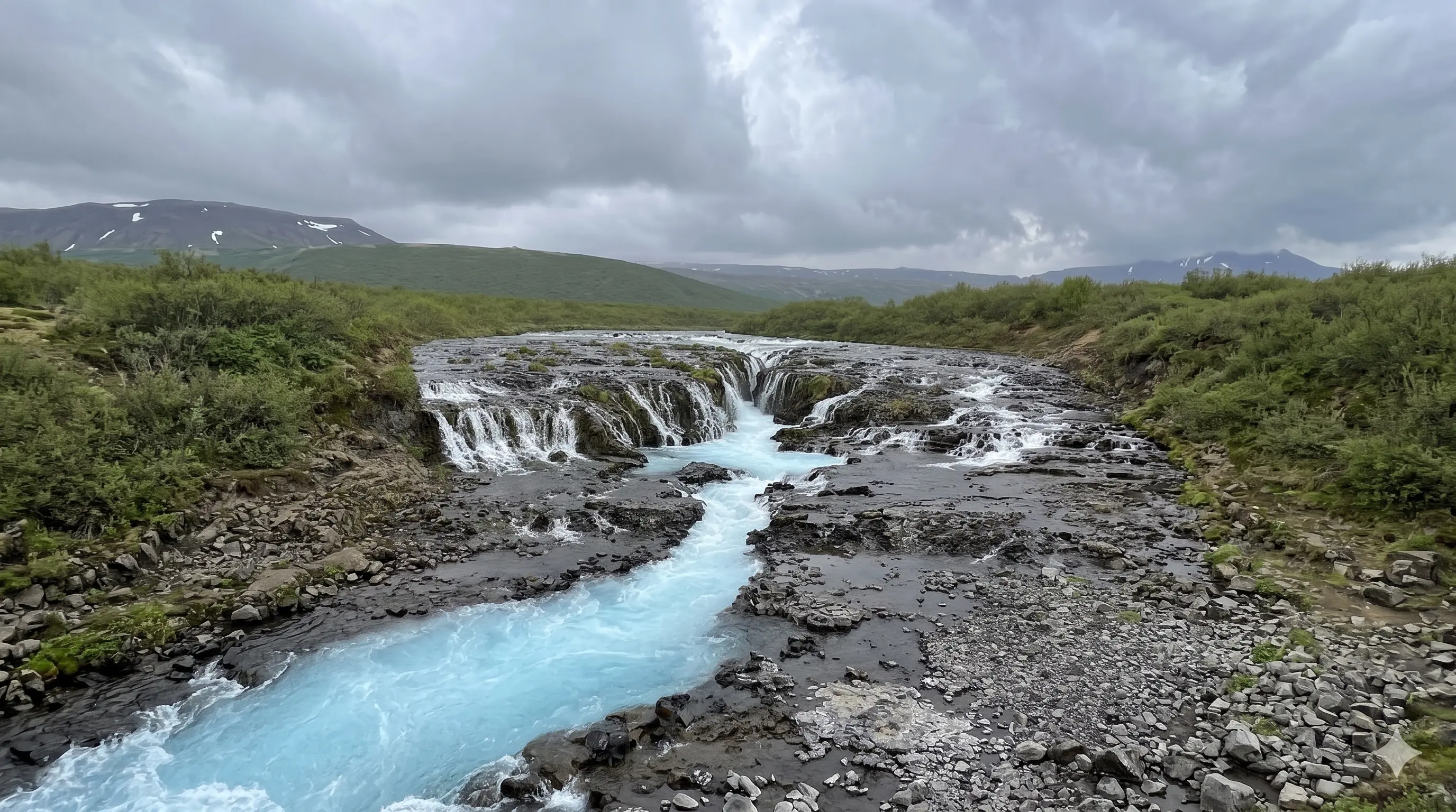 Долина гейзеров Строккюр (Strokkur), Водопад Гюдльфосс (Gullfoss), Скрытый голубой водопад Бруарфосс (Brúarfoss), Вечерний Рейкьявик (Reykjavík)